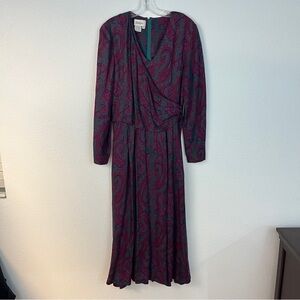 Vintage Neiman Marcus Long Sleeve Paisley Dress in Purple and green wool